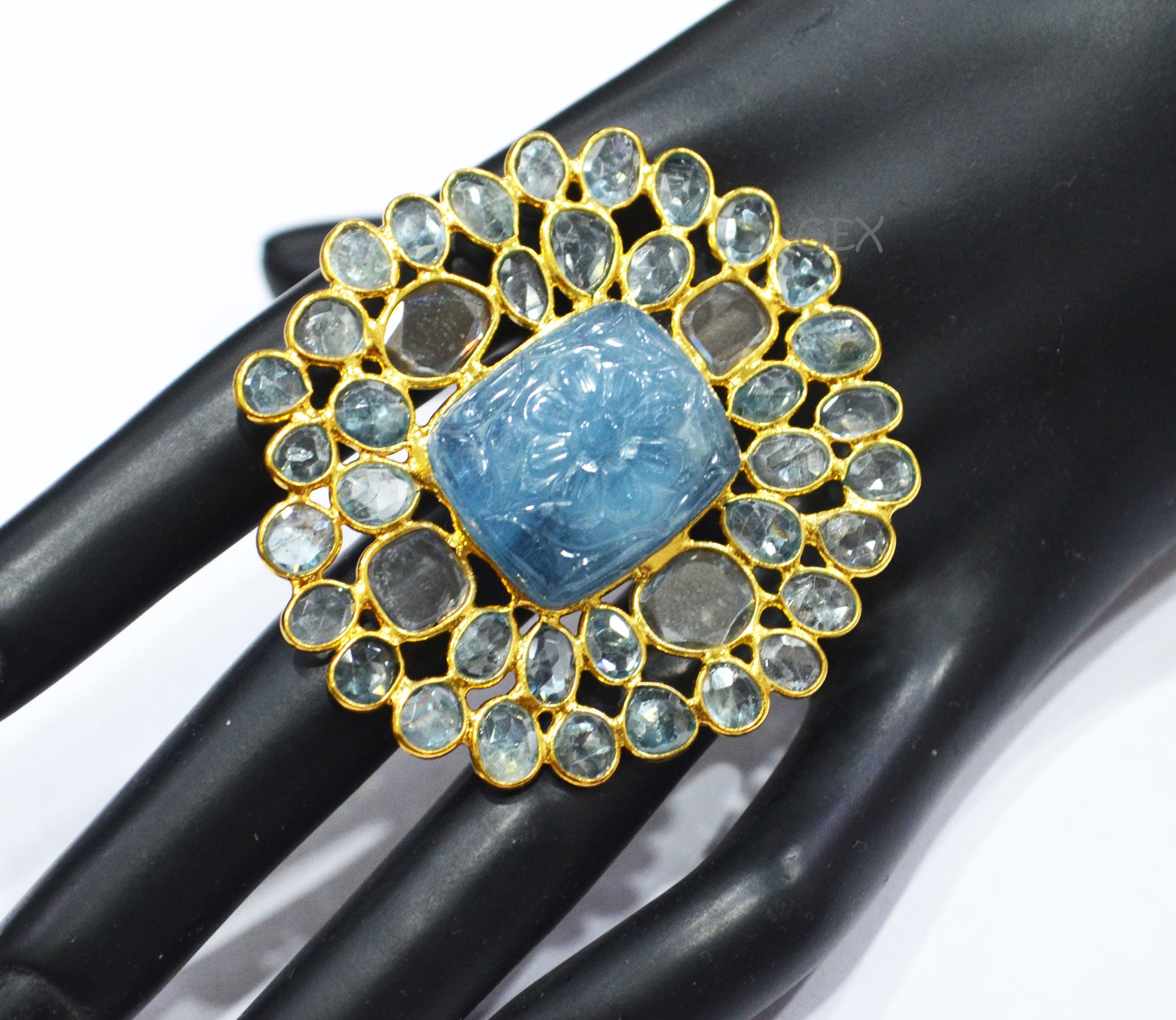Blue Zircon And Moissanite Diamond With Carved Aquamarine Faceted Ring , Blue Zircon And Moissanite Diamond Faceted Slice Shape Fancy Ring , 6.25 US , R-001