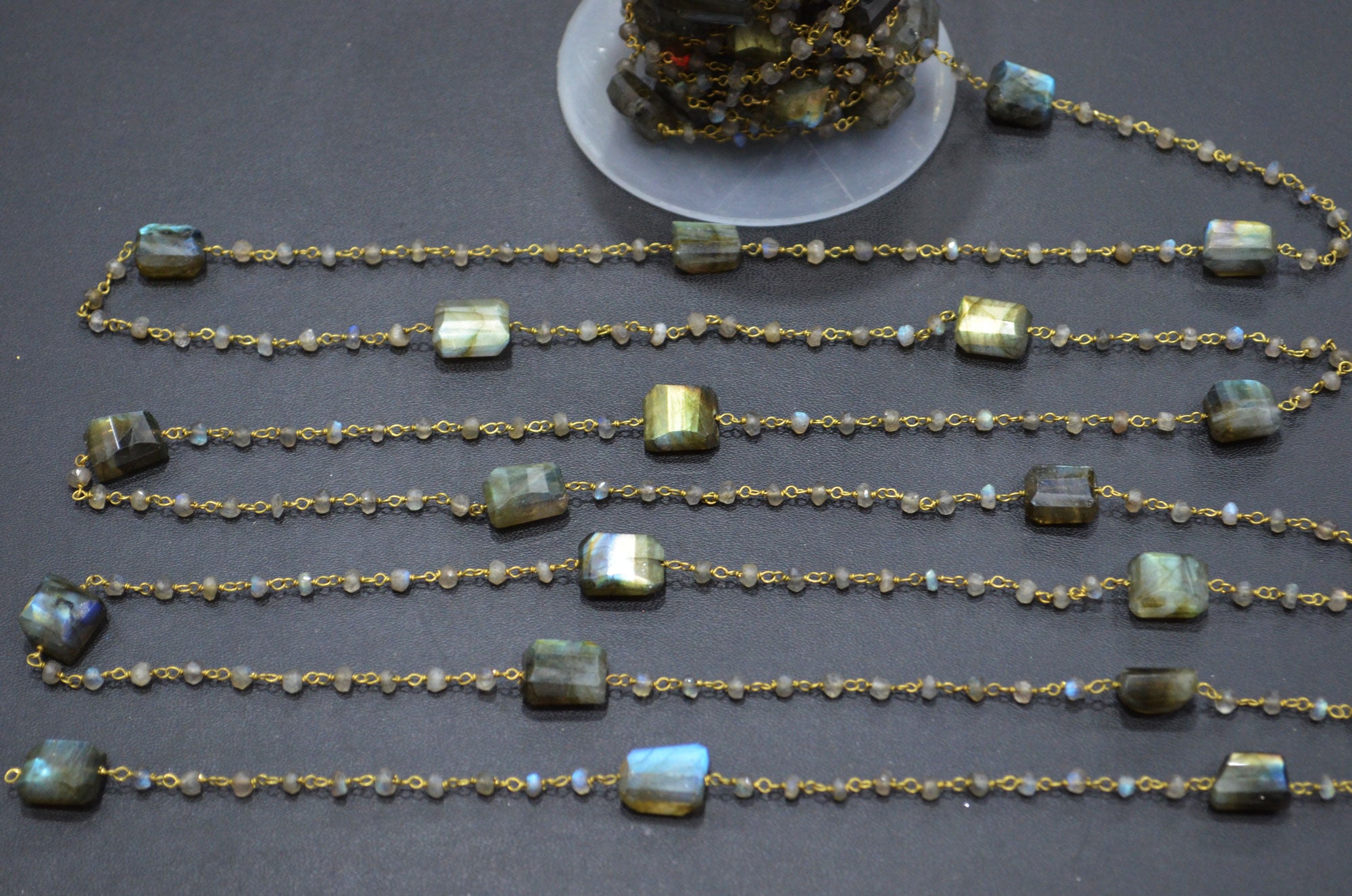 Labradorite Faceted Rondelle Shape Rosary Beaded Chain , Labradorite Laser Cut Nuggets Shape Wire Wrapped Chain , 3.50 - 3.75 mm , RB-5313