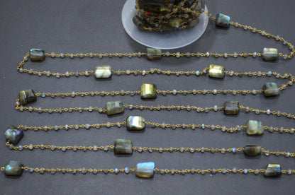 Labradorite Faceted Rondelle Shape Rosary Beaded Chain , Labradorite Laser Cut Nuggets Shape Wire Wrapped Chain , 3.50 - 3.75 mm , RB-5313