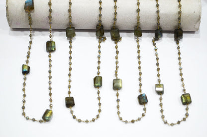Labradorite Faceted Rondelle Shape Rosary Beaded Chain , Labradorite Laser Cut Nuggets Shape Wire Wrapped Chain , 3.50 - 3.75 mm , RB-5313