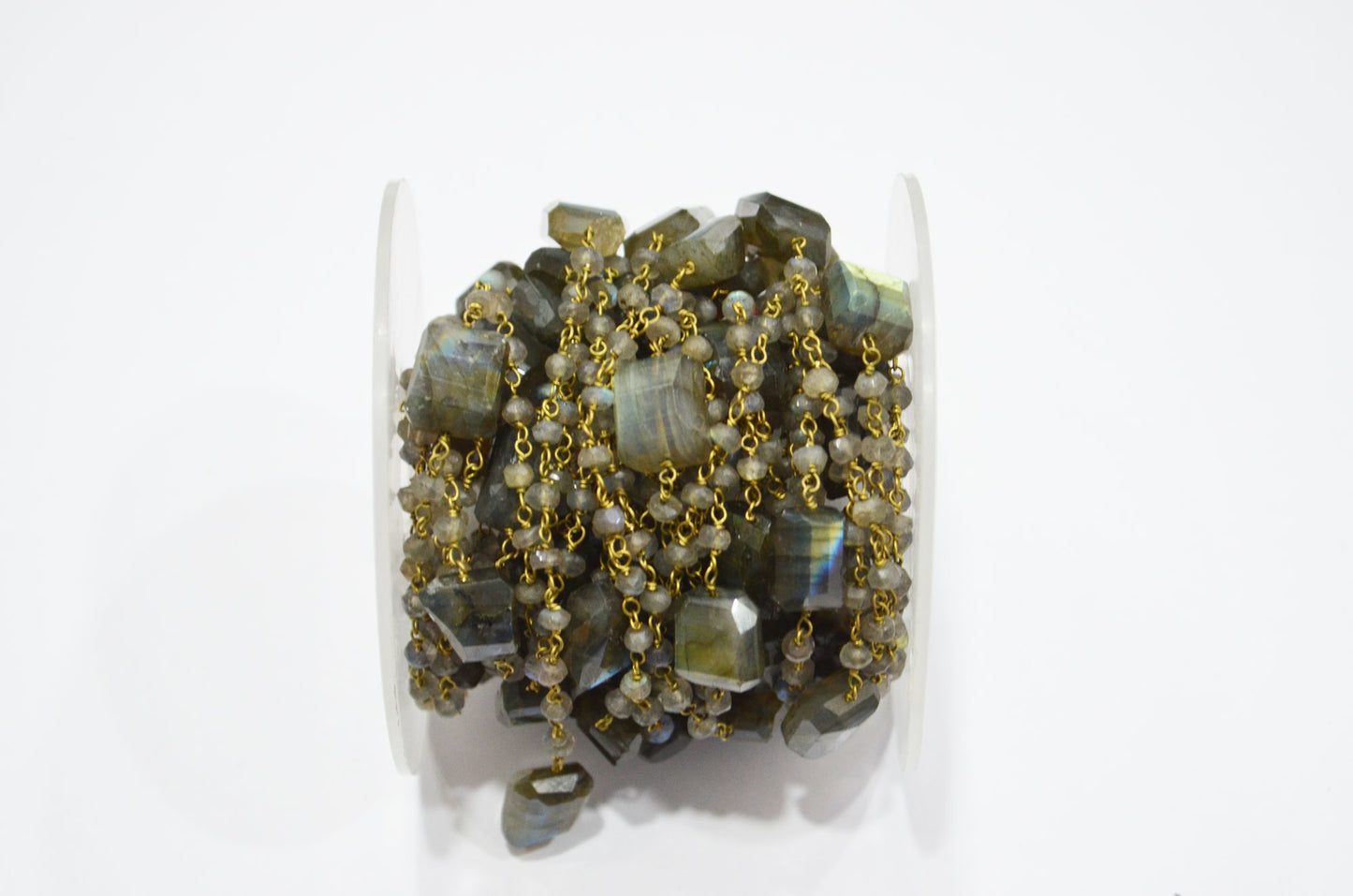 Labradorite Faceted Rondelle Shape Rosary Beaded Chain , Labradorite Laser Cut Nuggets Shape Wire Wrapped Chain , 3.50 - 3.75 mm , RB-5313