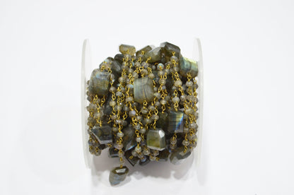 Labradorite Faceted Rondelle Shape Rosary Beaded Chain , Labradorite Laser Cut Nuggets Shape Wire Wrapped Chain , 3.50 - 3.75 mm , RB-5313