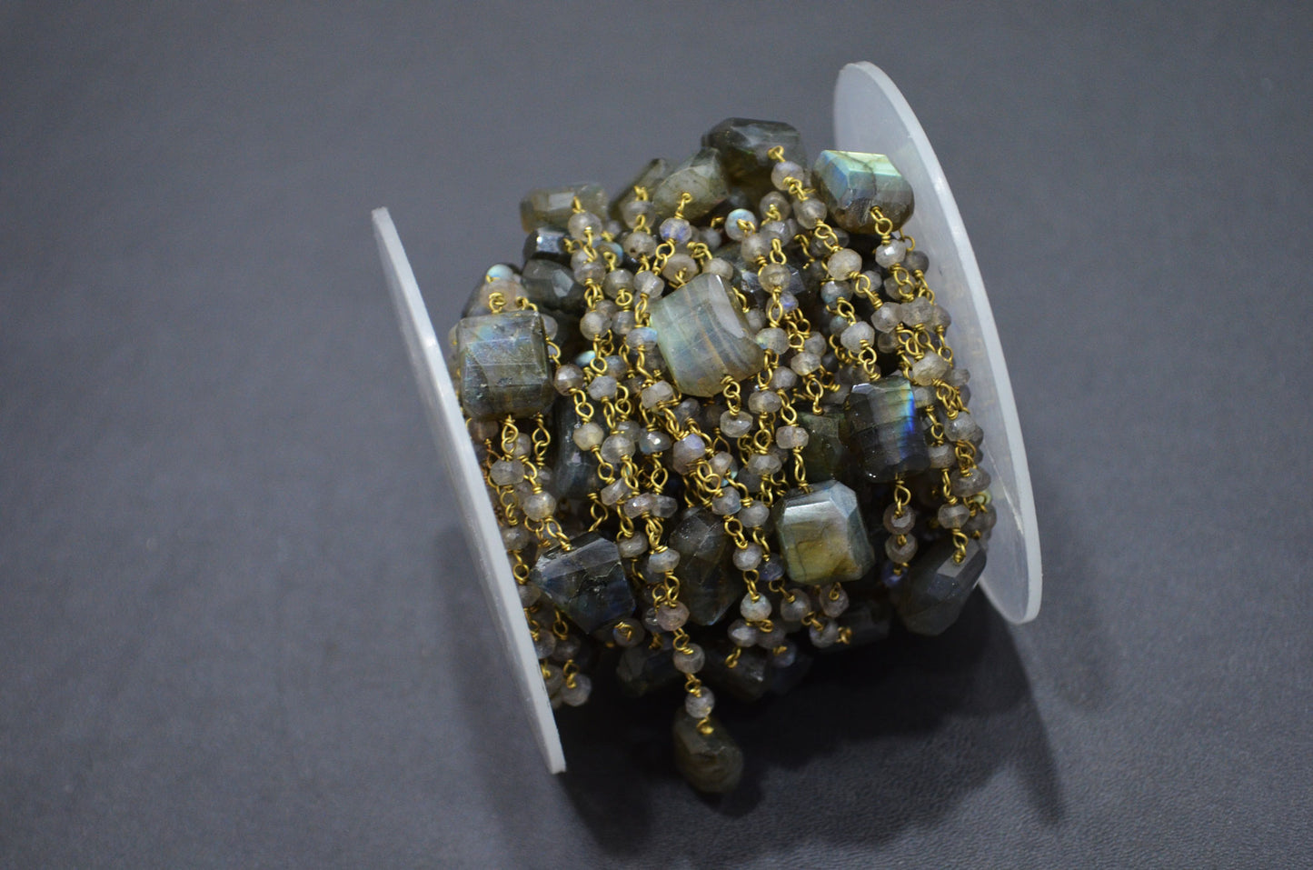 Labradorite Faceted Rondelle Shape Rosary Beaded Chain , Labradorite Laser Cut Nuggets Shape Wire Wrapped Chain , 3.50 - 3.75 mm , RB-5313