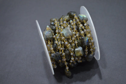 Labradorite Faceted Rondelle Shape Rosary Beaded Chain , Labradorite Laser Cut Nuggets Shape Wire Wrapped Chain , 3.50 - 3.75 mm , RB-5313