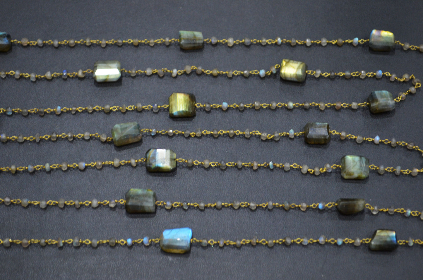 Labradorite Faceted Rondelle Shape Rosary Beaded Chain , Labradorite Laser Cut Nuggets Shape Wire Wrapped Chain , 3.50 - 3.75 mm , RB-5313
