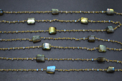 Labradorite Faceted Rondelle Shape Rosary Beaded Chain , Labradorite Laser Cut Nuggets Shape Wire Wrapped Chain , 3.50 - 3.75 mm , RB-5313
