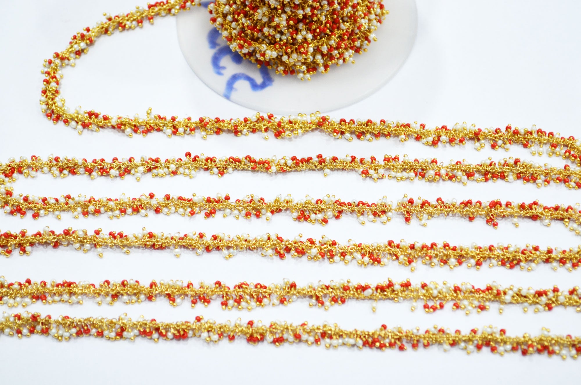 Red Coral And Pearl Hydro Quartz Smooth Rondelle Shape Angoori Cluster Chain , 2 mm , RB-5357