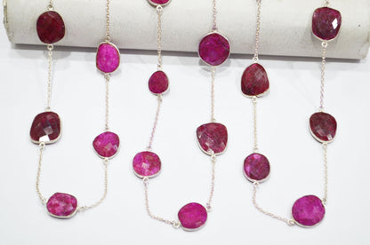 Dyed Red Natural Quartz Slice Shape Hand Made Connector Chain , Dyed Red Natural Quartz Bezel Link Chain , 18 - 22 mm , RB-5359