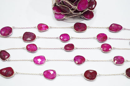 Dyed Red Natural Quartz Slice Shape Hand Made Connector Chain , Dyed Red Natural Quartz Bezel Link Chain , 18 - 22 mm , RB-5359