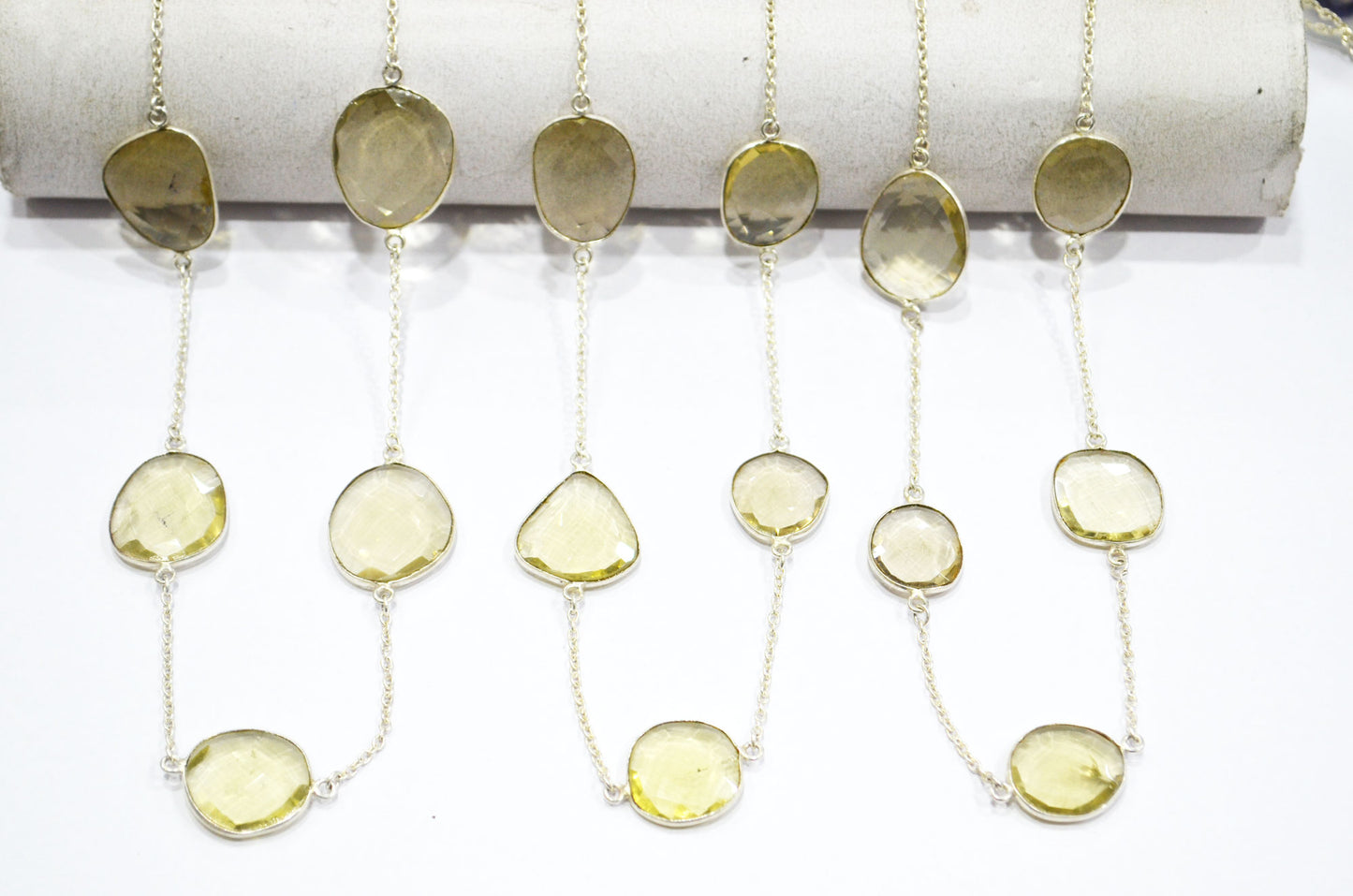 Natural Lemon Quartz Slice Shape Hand Made Connector Chain , Natural Lemon Quartz Bezel Link Chain , 15 - 21 mm , RB-5360