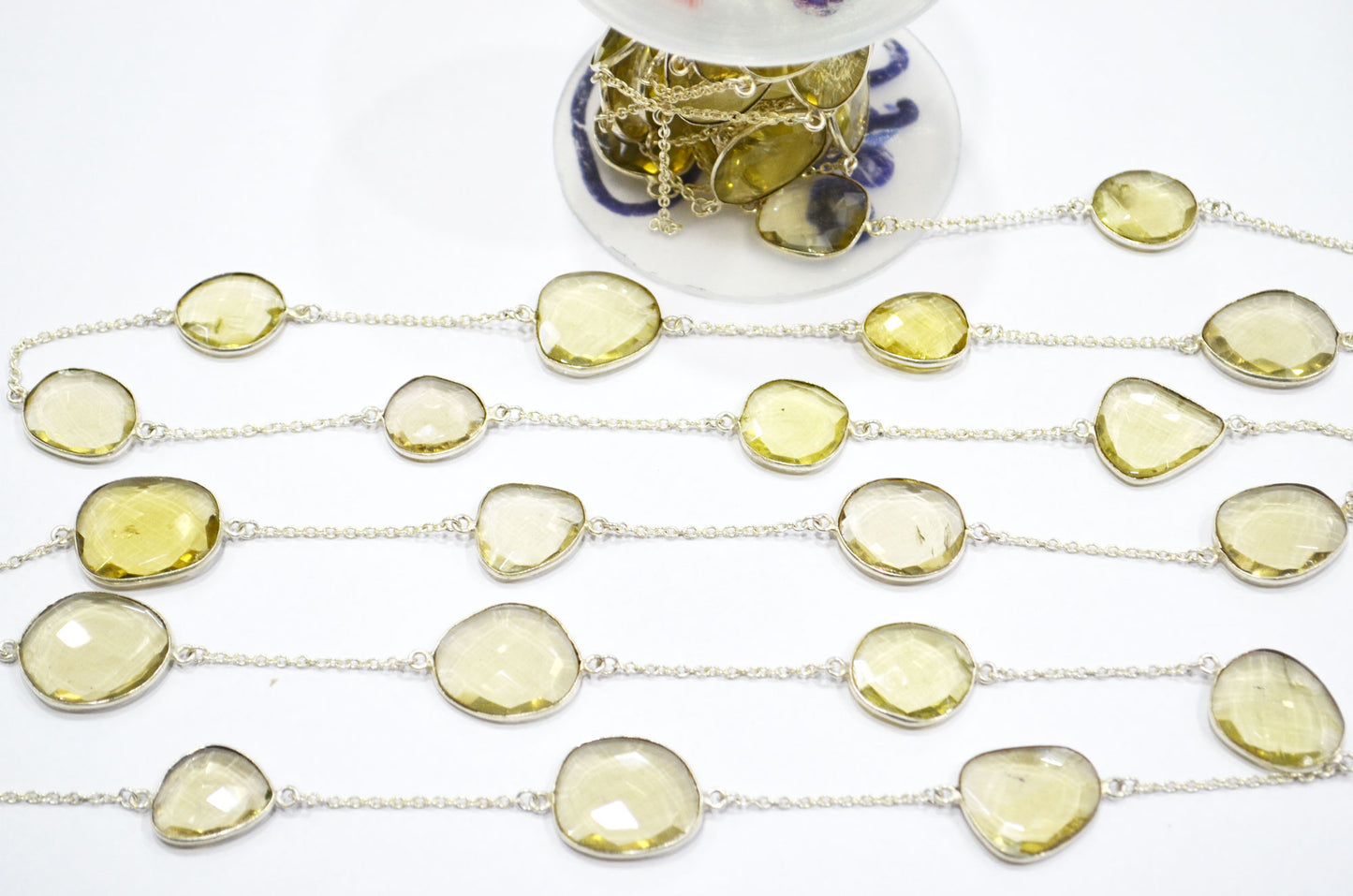 Natural Lemon Quartz Slice Shape Hand Made Connector Chain , Natural Lemon Quartz Bezel Link Chain , 15 - 21 mm , RB-5360