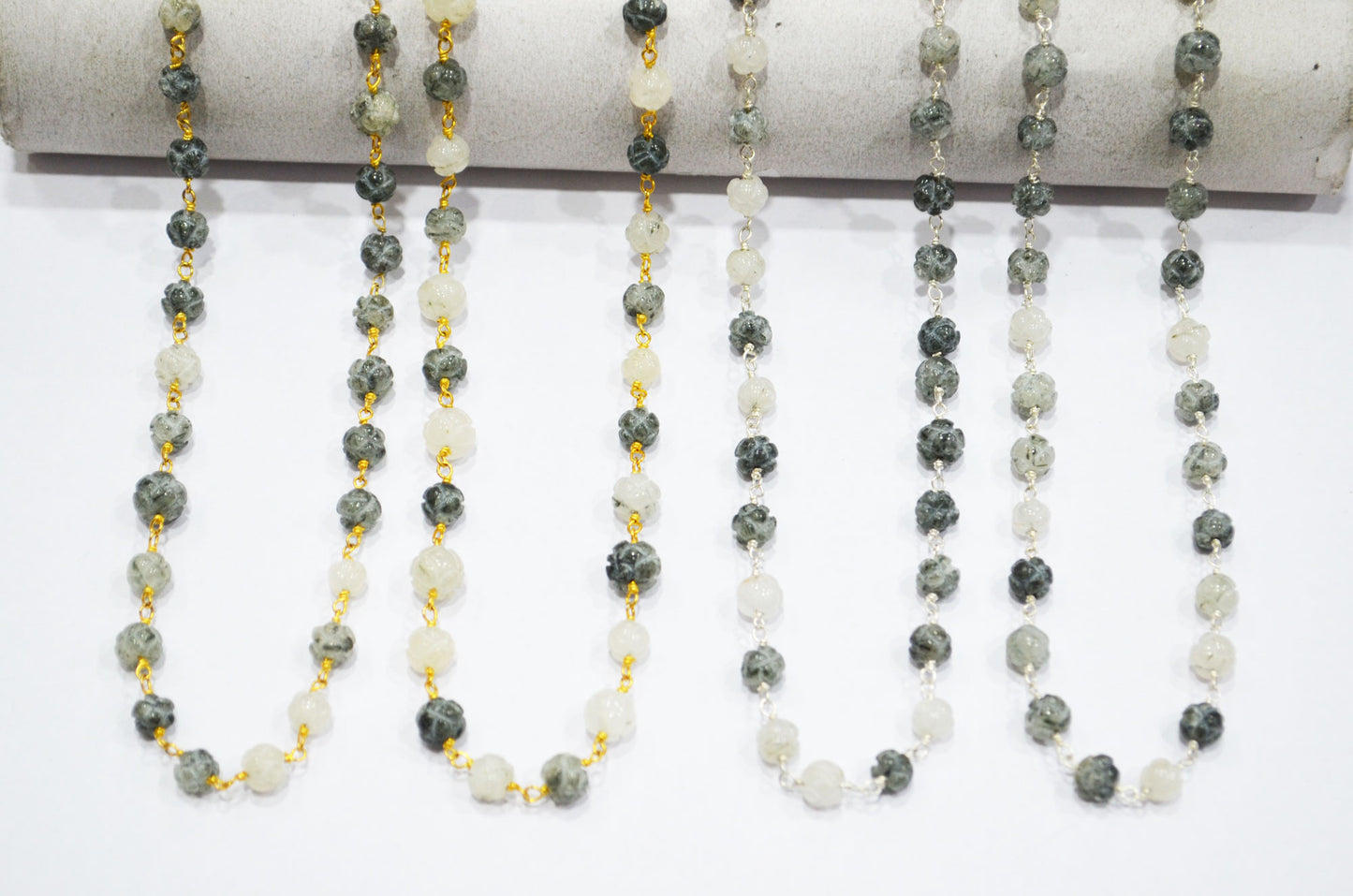 Black Rutile Carved Flower Shape Rosary Beaded Chain , 6 - 6.50 mm , RB-5362