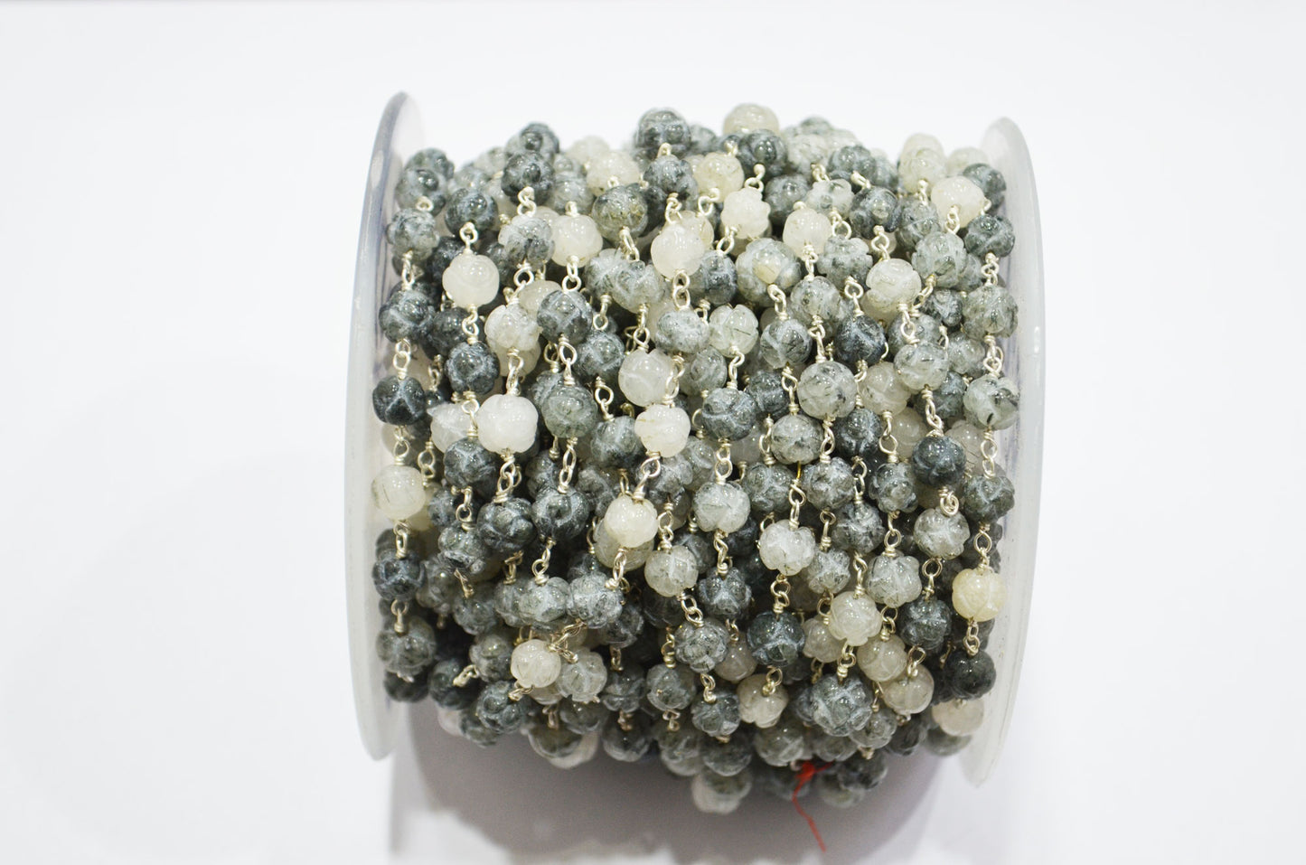 Black Rutile Carved Flower Shape Rosary Beaded Chain , 6 - 6.50 mm , RB-5362