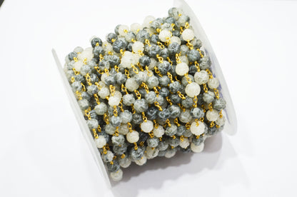 Black Rutile Carved Flower Shape Rosary Beaded Chain , 6 - 6.50 mm , RB-5362