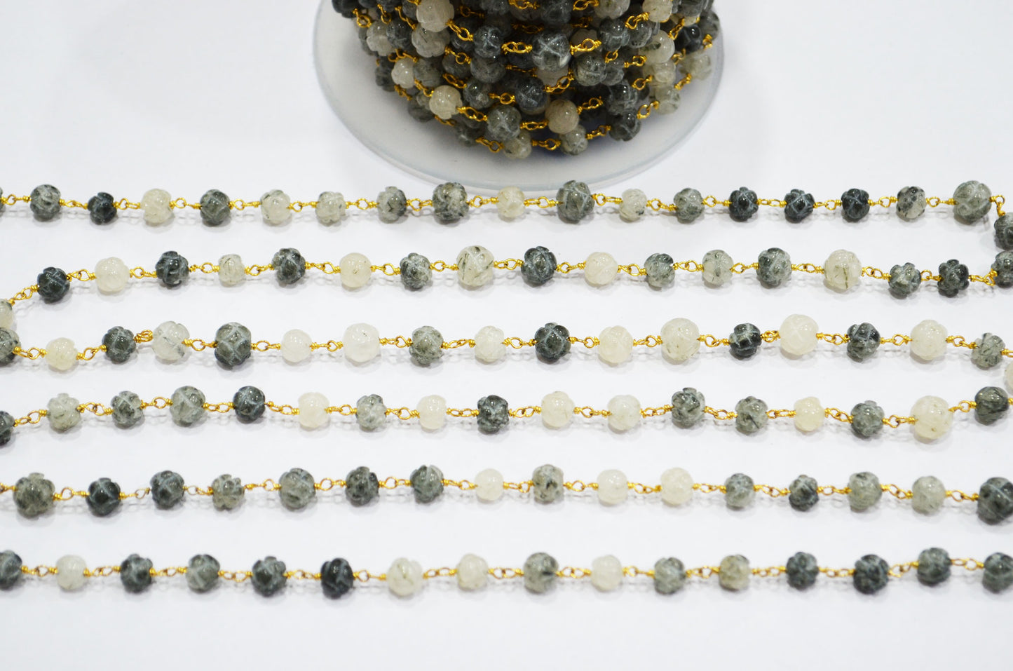 Black Rutile Carved Flower Shape Rosary Beaded Chain , 6 - 6.50 mm , RB-5362