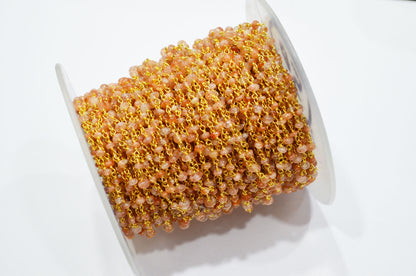 Sunstone Smooth Rondelle Shape Rosary Beaded Chain  , 3 - 4 mm , RB-5364