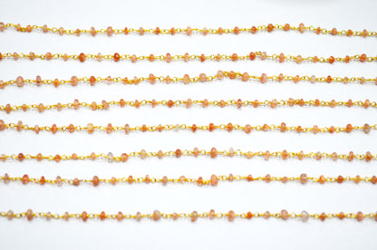Sunstone Smooth Rondelle Shape Rosary Beaded Chain  , 3 - 4 mm , RB-5364
