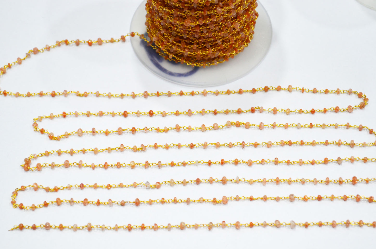 Sunstone Smooth Rondelle Shape Rosary Beaded Chain  , 3 - 4 mm , RB-5364