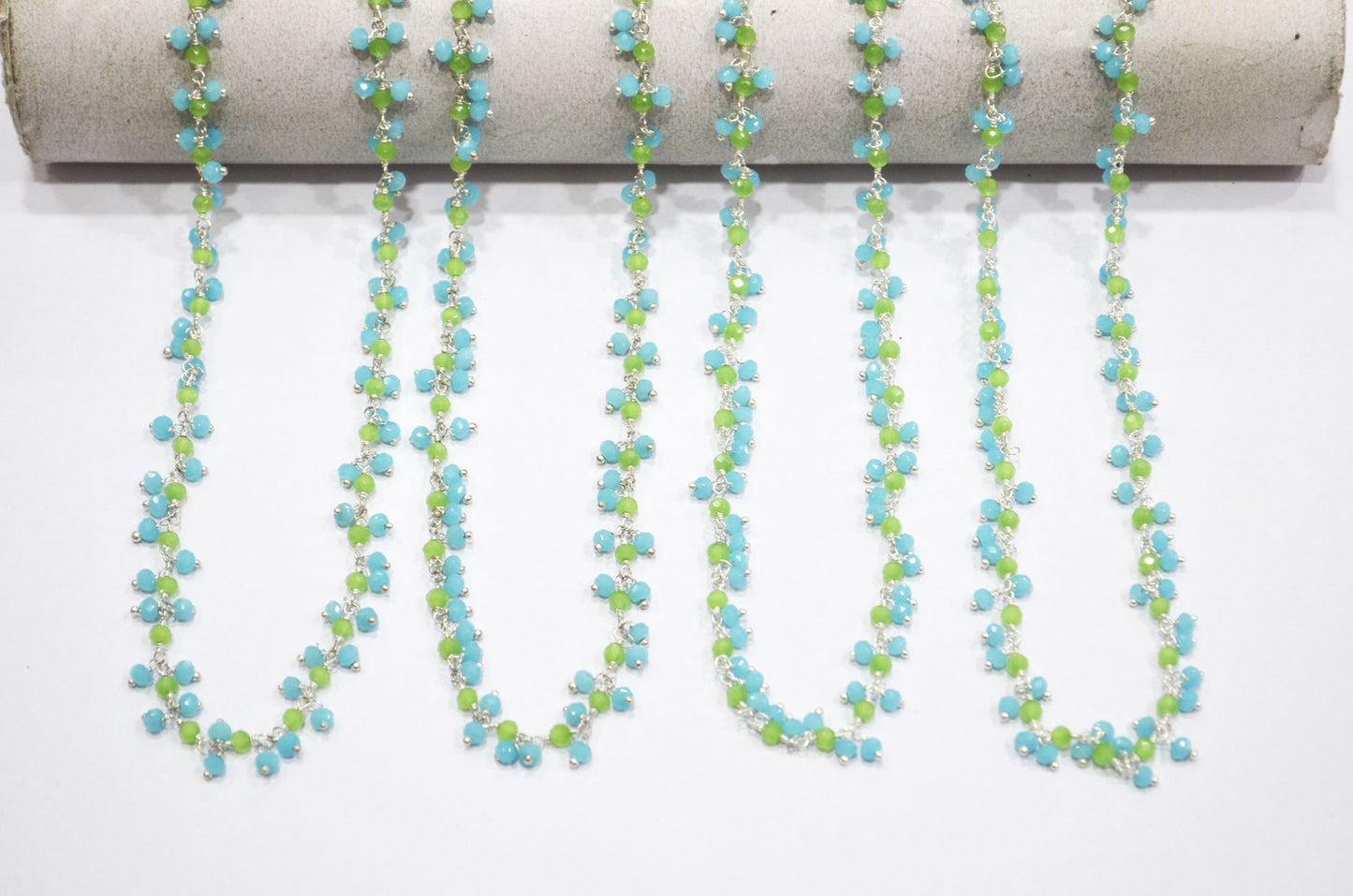 Aquamarine Hydro Quartz Faceted Rondelle Shape Dangling Chain , Prehnite Hydro Quartz Grape Chain , 3 - 3.50 mm , RB-5375