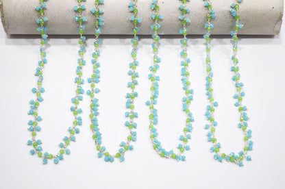 Aquamarine Hydro Quartz Faceted Rondelle Shape Dangling Chain , Prehnite Hydro Quartz Grape Chain , 3 - 3.50 mm , RB-5375
