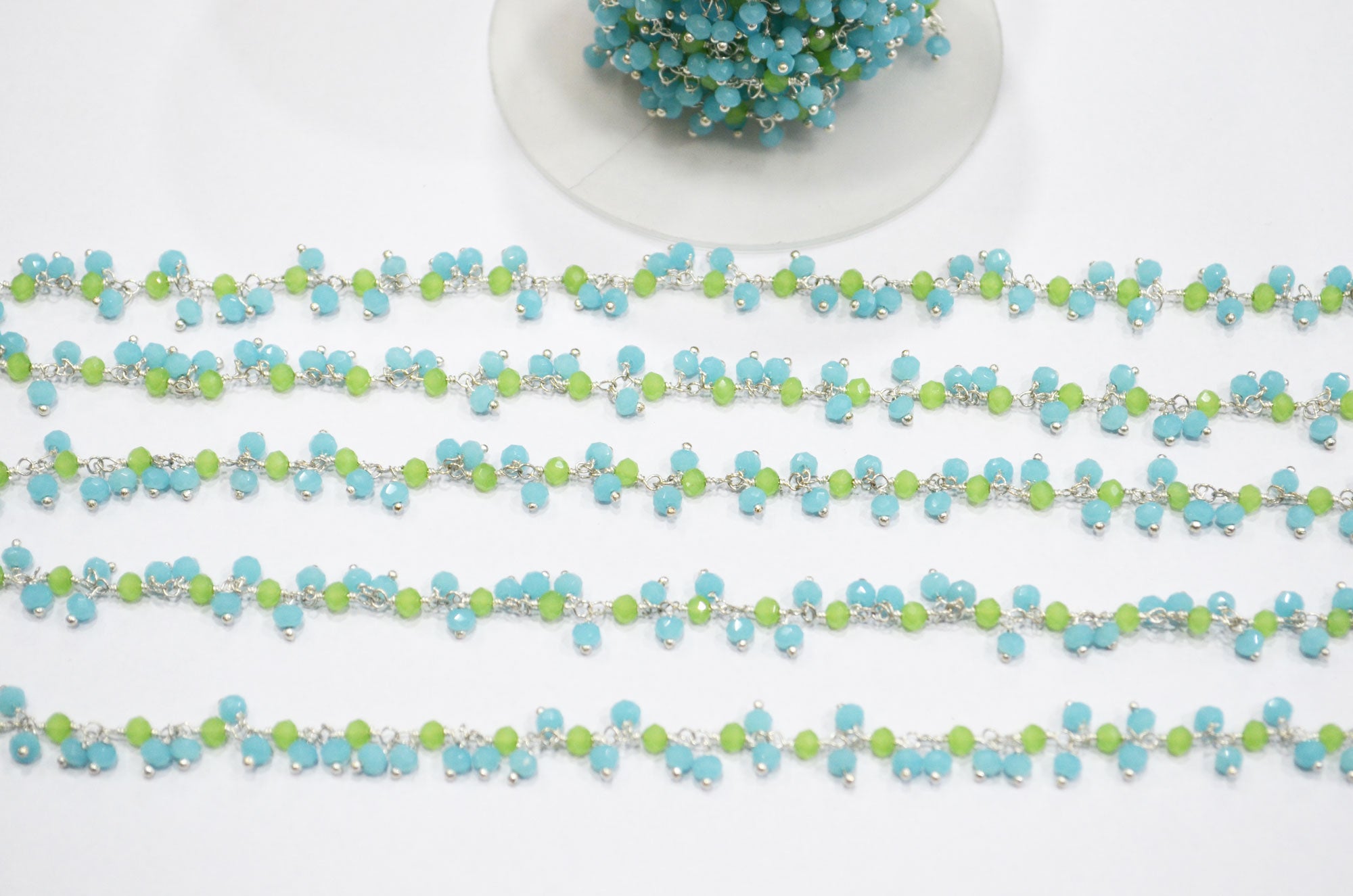 Aquamarine Hydro Quartz Faceted Rondelle Shape Dangling Chain , Prehnite Hydro Quartz Grape Chain , 3 - 3.50 mm , RB-5375