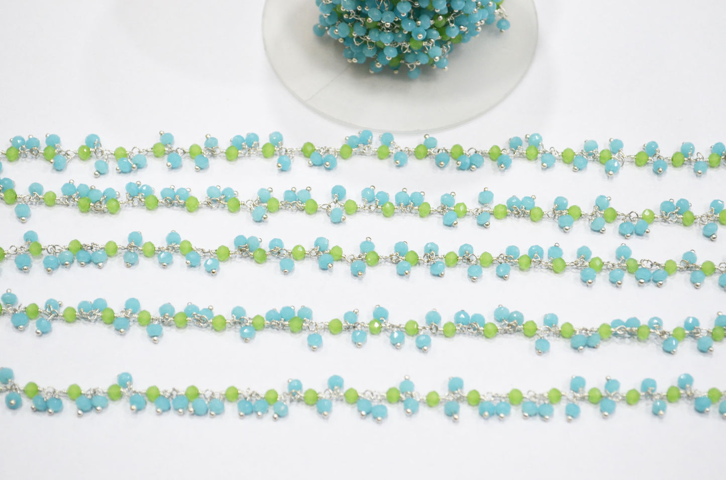 Aquamarine Hydro Quartz Faceted Rondelle Shape Dangling Chain , Prehnite Hydro Quartz Grape Chain , 3 - 3.50 mm , RB-5375