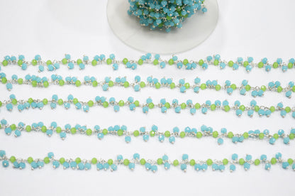 Aquamarine Hydro Quartz Faceted Rondelle Shape Dangling Chain , Prehnite Hydro Quartz Grape Chain , 3 - 3.50 mm , RB-5375
