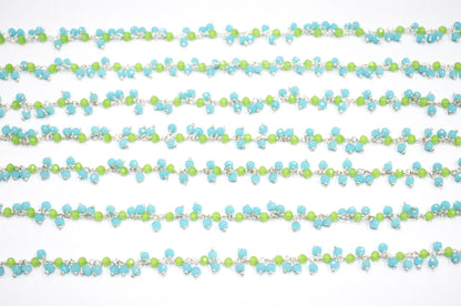Aquamarine Hydro Quartz Faceted Rondelle Shape Dangling Chain , Prehnite Hydro Quartz Grape Chain , 3 - 3.50 mm , RB-5375