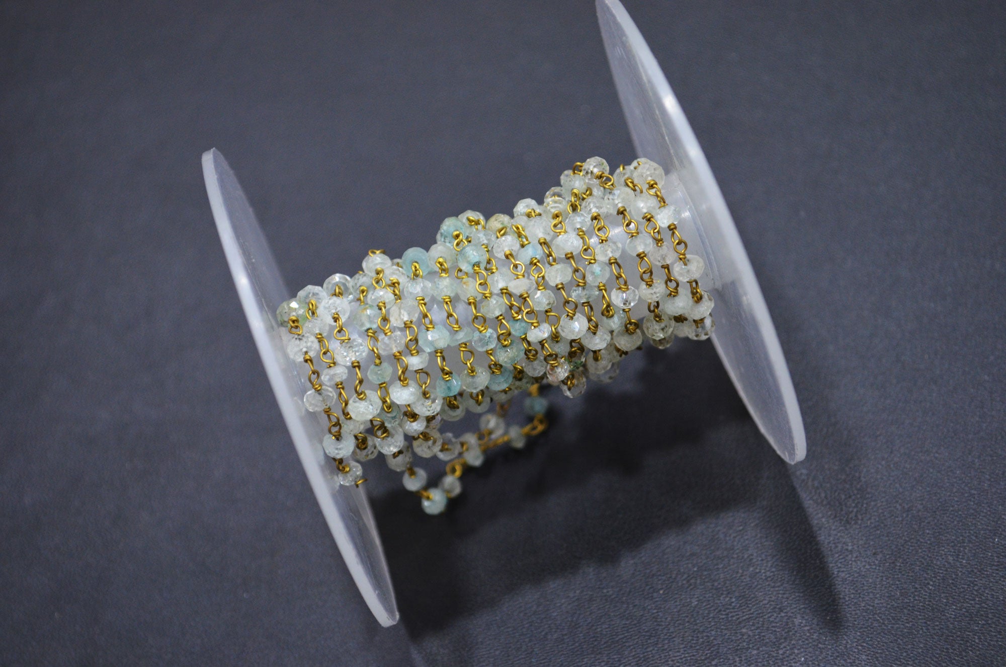 Natural Aquamarine Rondelle Shape Rosary Beaded Chain , Aquamarine Faceted Wire Wrapped Chain , 3 - 3.50 mm , RB-5623