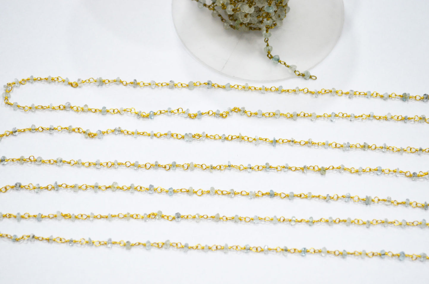 Natural Aquamarine Rondelle Shape Rosary Beaded Chain , Aquamarine Faceted Wire Wrapped Chain , 3 - 3.50 mm , RB-5623