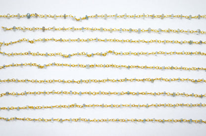 Natural Aquamarine Rondelle Shape Rosary Beaded Chain , Aquamarine Faceted Wire Wrapped Chain , 3 - 3.50 mm , RB-5623