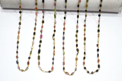 Multi Tourmaline Smooth Uneven Square Shape Rosary Beaded Chain , Sold By Foot , 3.50 - 5 mm , RB-5626