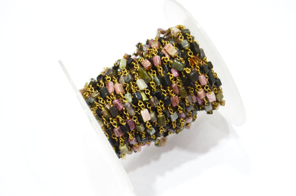 Multi Tourmaline Smooth Uneven Square Shape Rosary Beaded Chain , Sold By Foot , 3.50 - 5 mm , RB-5626