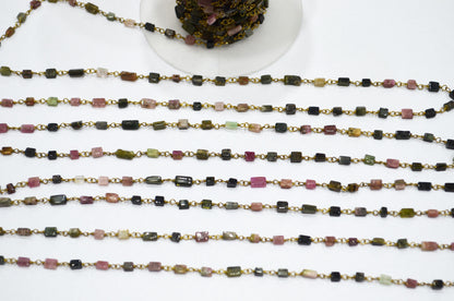 Multi Tourmaline Smooth Uneven Square Shape Rosary Beaded Chain , Sold By Foot , 3.50 - 5 mm , RB-5626