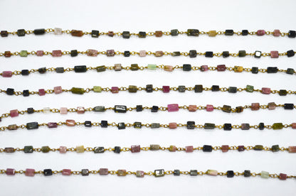 Multi Tourmaline Smooth Uneven Square Shape Rosary Beaded Chain , Sold By Foot , 3.50 - 5 mm , RB-5626