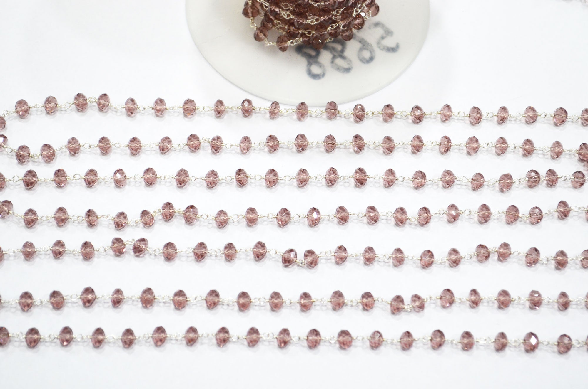 Rosewood Pink Hydro Quartz Rondelle Shape Rosary Beaded Chain , 6 - 6.25 mm , RB-5688