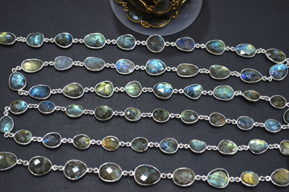 Natural Labradorite Faceted Free Form Shape Connector Chain , 9 - 11 mm , RB-5691