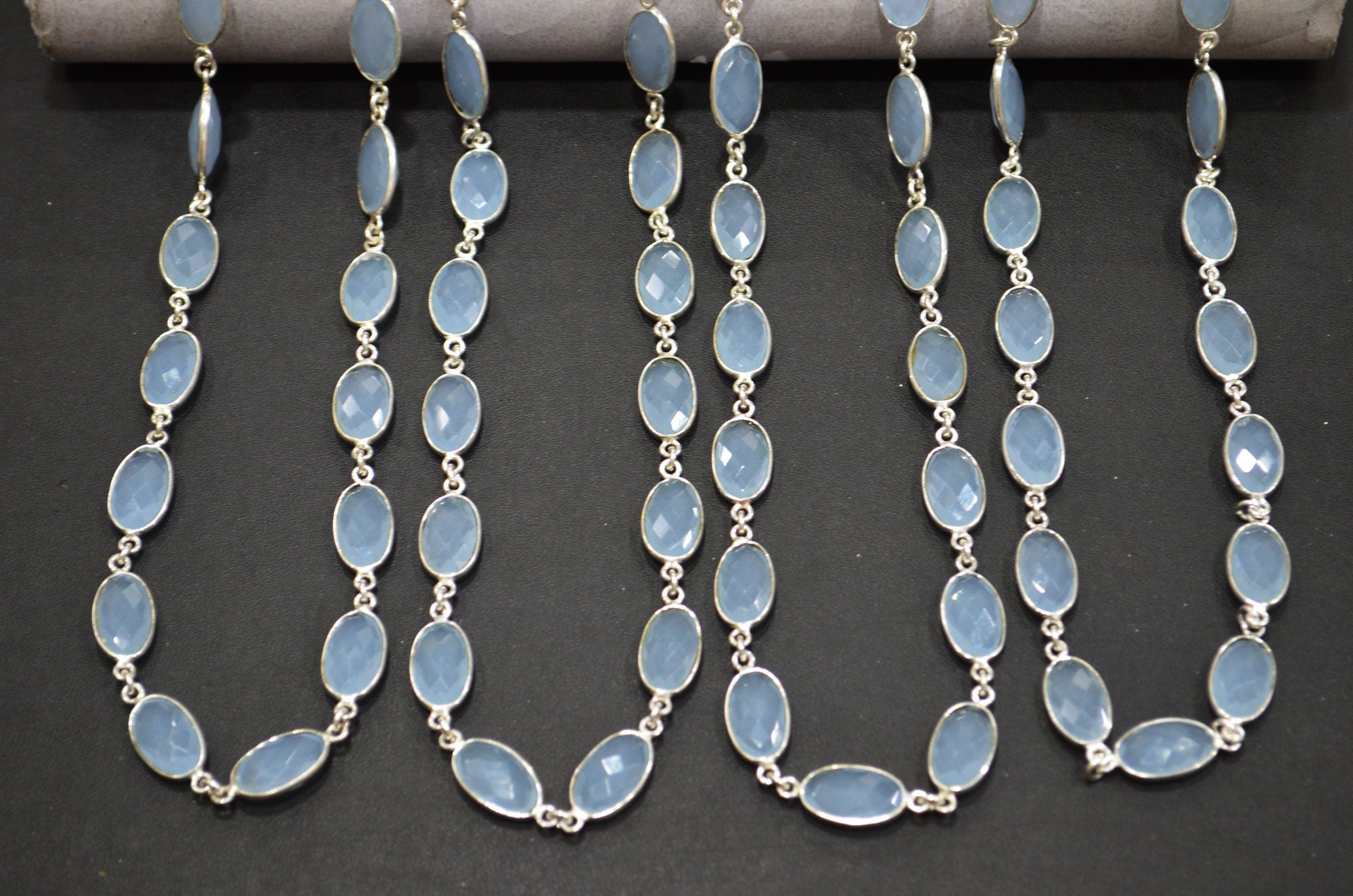 Baby Blue Hydro Quartz Faceted Oval Shape Connector Chain , 9x13 mm , RB-5697