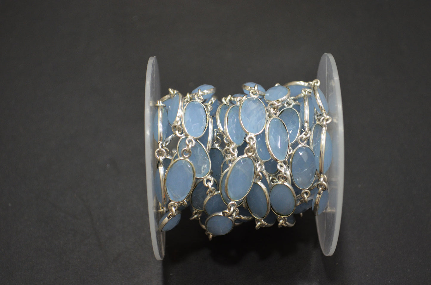 Baby Blue Hydro Quartz Faceted Oval Shape Connector Chain , 9x13 mm , RB-5697