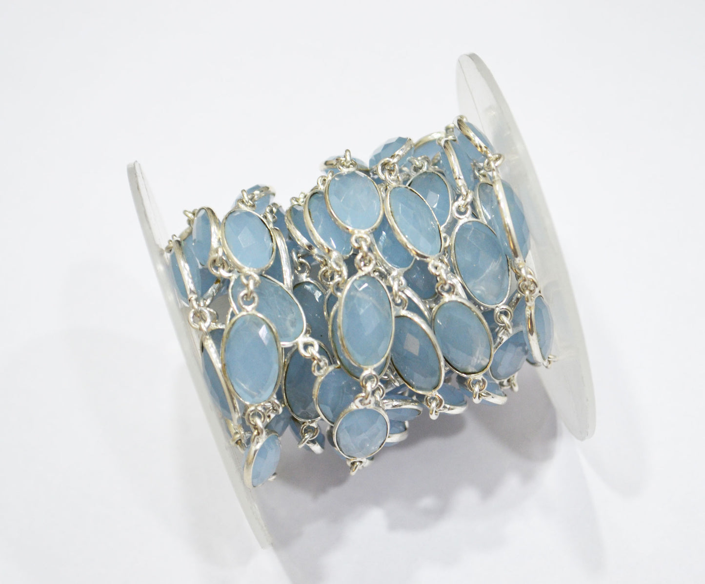 Baby Blue Hydro Quartz Faceted Oval Shape Connector Chain , 9x13 mm , RB-5697