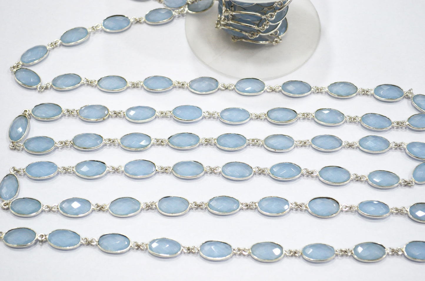 Baby Blue Hydro Quartz Faceted Oval Shape Connector Chain , 9x13 mm , RB-5697