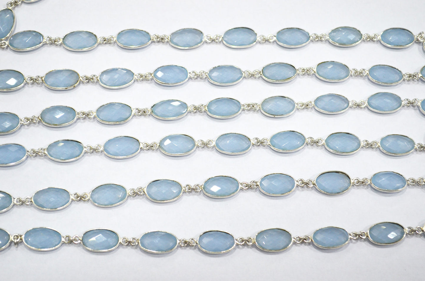 Baby Blue Hydro Quartz Faceted Oval Shape Connector Chain , 9x13 mm , RB-5697