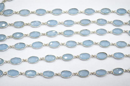 Baby Blue Hydro Quartz Faceted Oval Shape Connector Chain , 9x13 mm , RB-5697