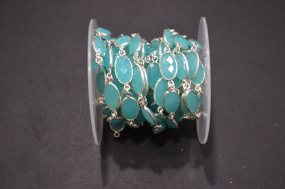 Aqua Blue Hydro Quartz Faceted Oval Shape Connector Chain , 9x13 mm , RB-5698