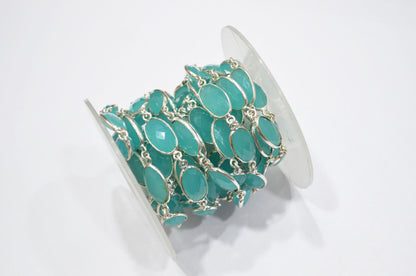 Aqua Blue Hydro Quartz Faceted Oval Shape Connector Chain , 9x13 mm , RB-5698