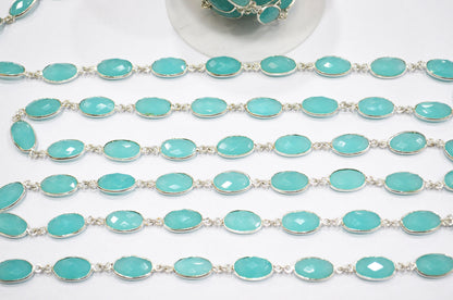 Aqua Blue Hydro Quartz Faceted Oval Shape Connector Chain , 9x13 mm , RB-5698