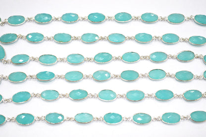 Aqua Blue Hydro Quartz Faceted Oval Shape Connector Chain , 9x13 mm , RB-5698