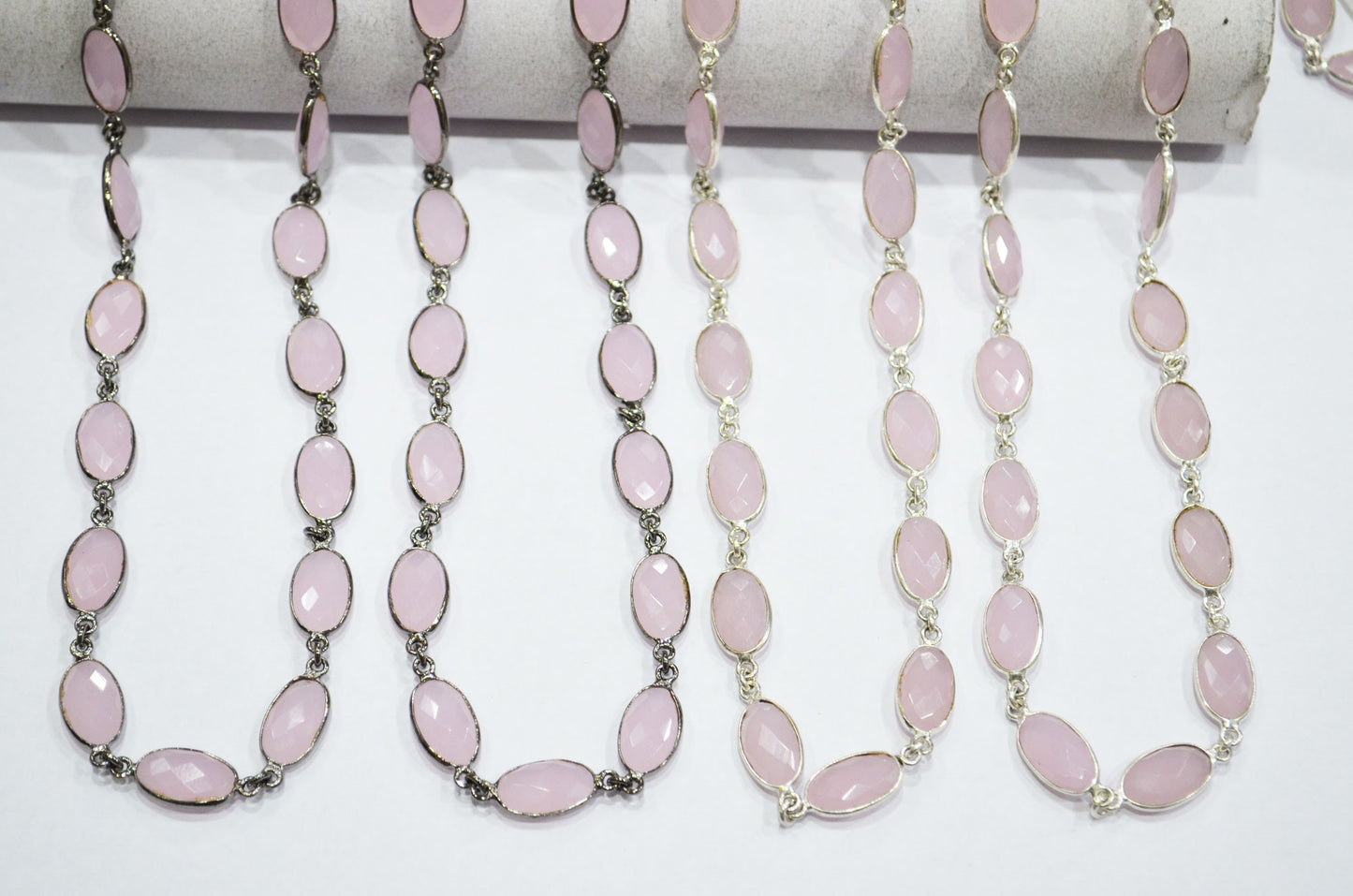 Rose Quartz Hydro Quartz Faceted Oval Shape Connector Chain , 9x13 mm , RB-5701