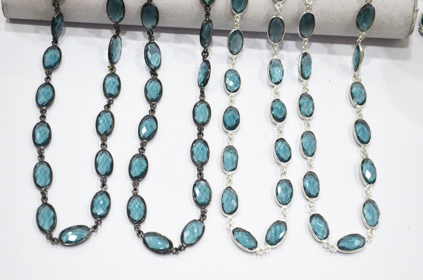 London Blue Hydro Quartz Faceted Oval Shape Connector Chain , 9x13 mm , RB-5703