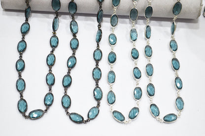 London Blue Hydro Quartz Faceted Oval Shape Connector Chain , 9x13 mm , RB-5703